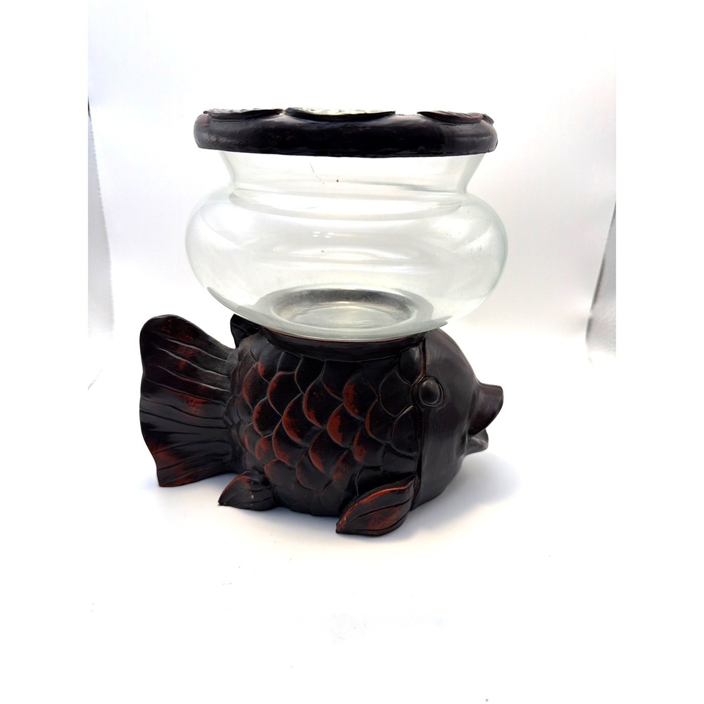 Vintage Style Fish Koi Decorative Candle Holder Glass Bowl Resin Base Brown